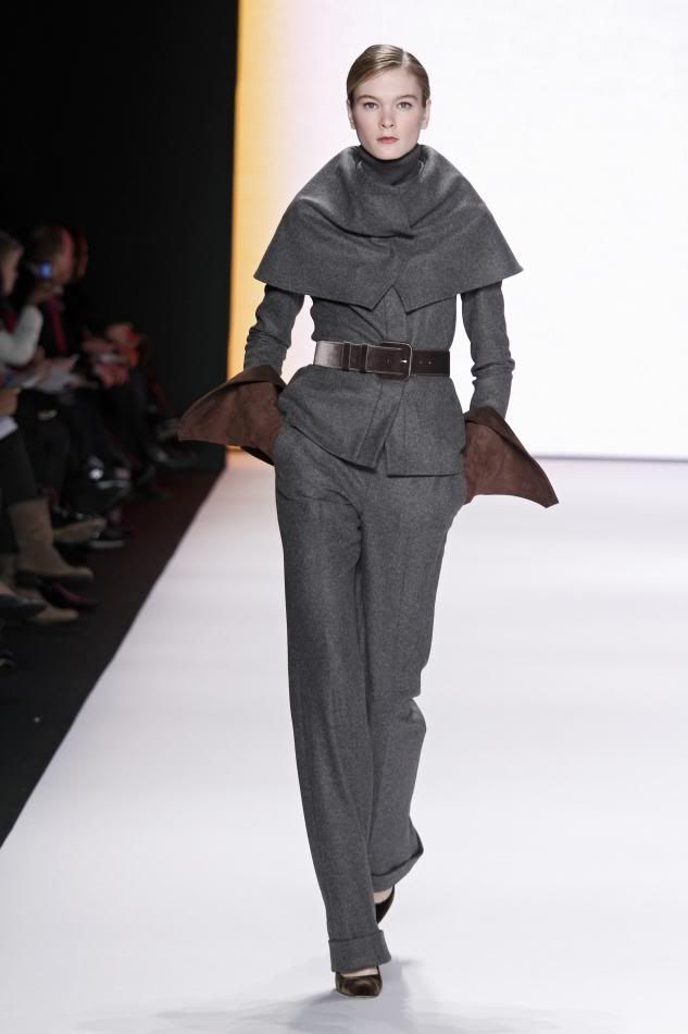 3. Irina K: Dark gray wool flannel caplet jacket, dark gray wool trouser, cocoa velvet belt, cocoa suede gloves