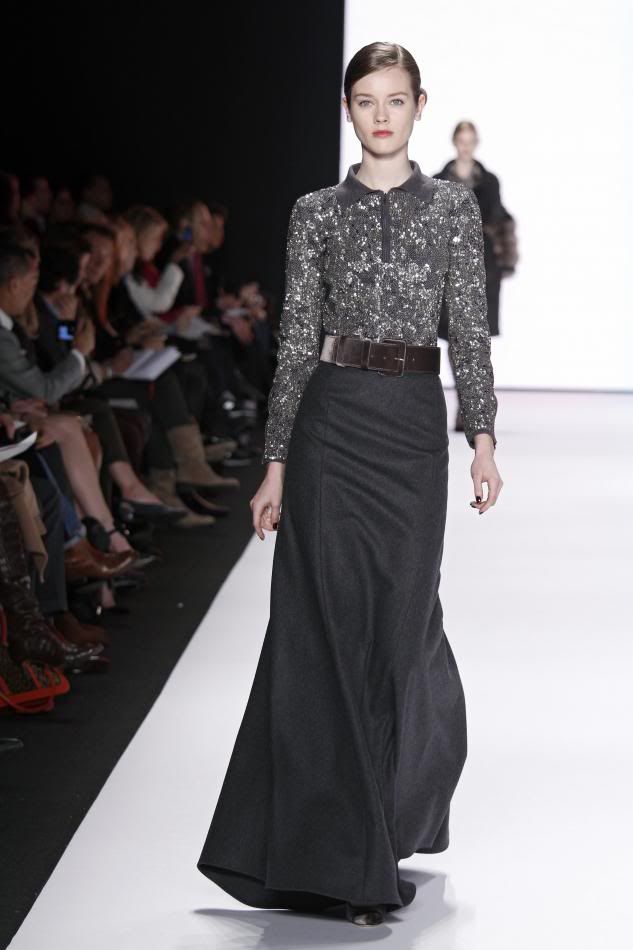 4. Jac: Dark gray wool felt wing skirt, metallic sequin embroidered sweater, dark gray velvet belt