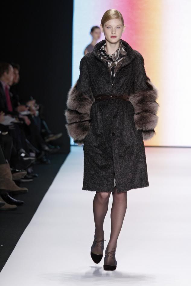 5. Patricia Black and cocoa mélange wool coat with fox sleeves, clay feather print silk crêpe blouse and skirt, amethyst velvet belt