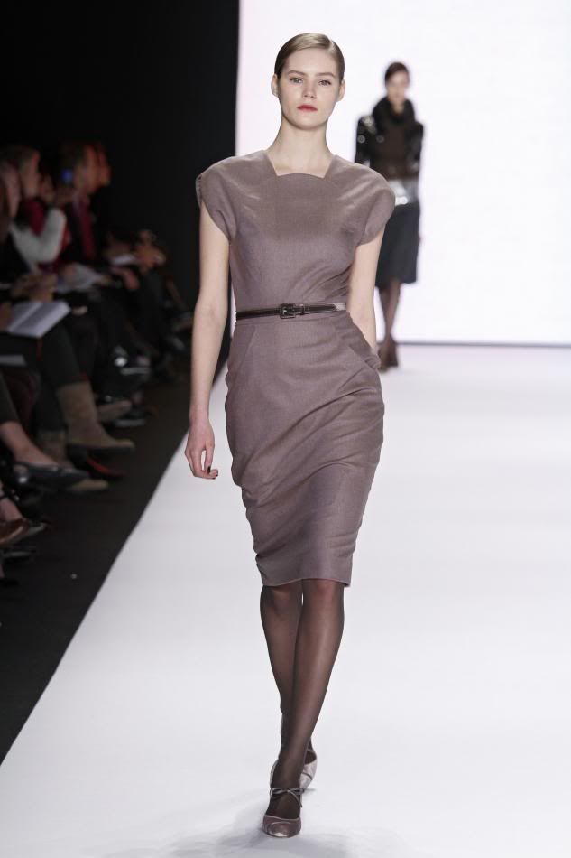 6. Juju: Light amethyst wool pencil dress and dark gray velvet belt