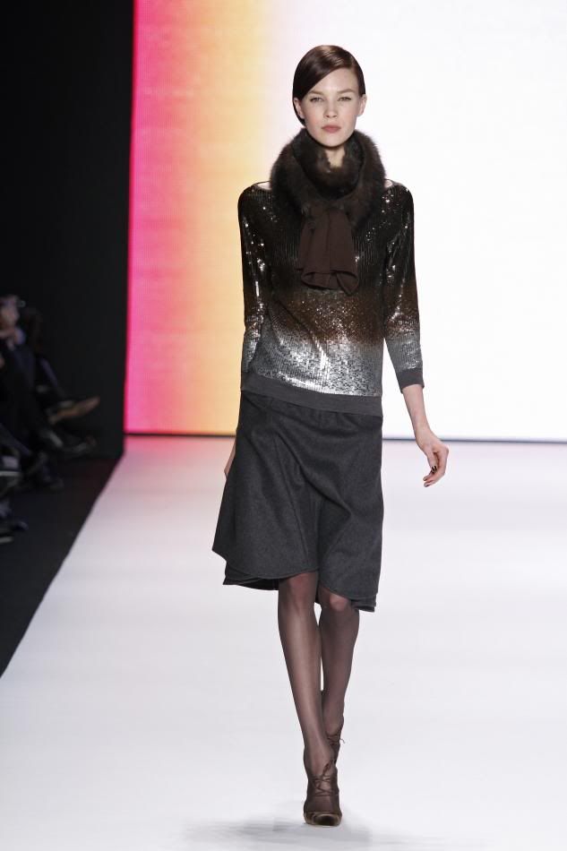 7. Britt: Cocoa dégradé sweater, dark gray wool wing skirt, cocoa sable scarf