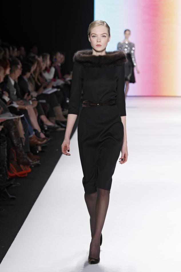 9. Siri: Black double face wool dress with bargazine sable collar, cocoa velvet belt