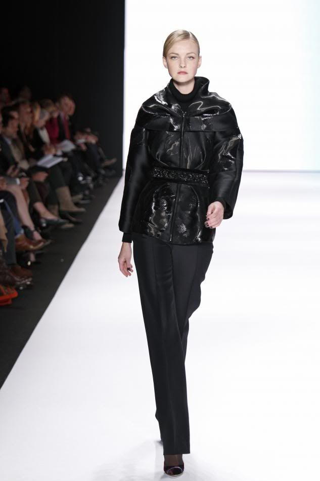 11. Tilda: Black liquid jacquard jacket, black silk wool organdy trouser, embroidered belt