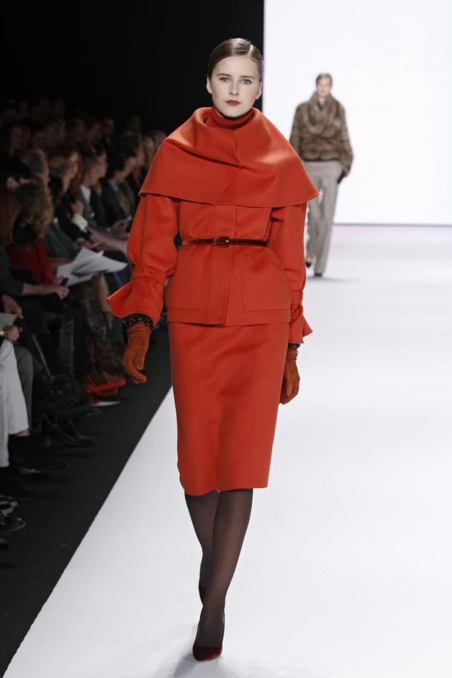 21. Lisanne de Jong: Jasper red flannel caplet jacket, jasper red flannel pencil skirt, rust velvet belt, rust embroidered gloves.