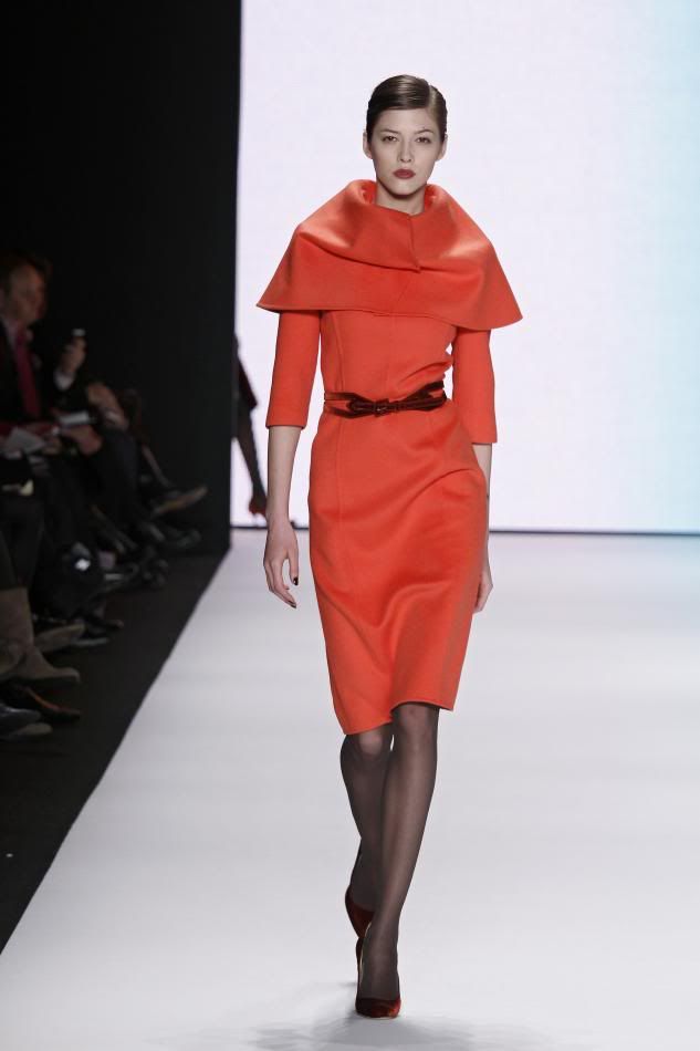 23. Yulia: Jasper red double flannel pencil dress caplet collar and rust velvet belt.