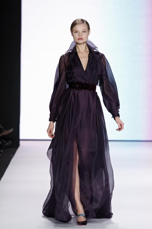 35. Magdalena: Amethyst silk and wool organdy trench gown and amethyst velvet belt.