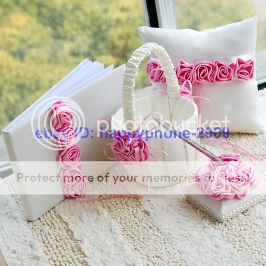   Lined Wedding Guest Book Ring Pillow Flower Basket pen sets  