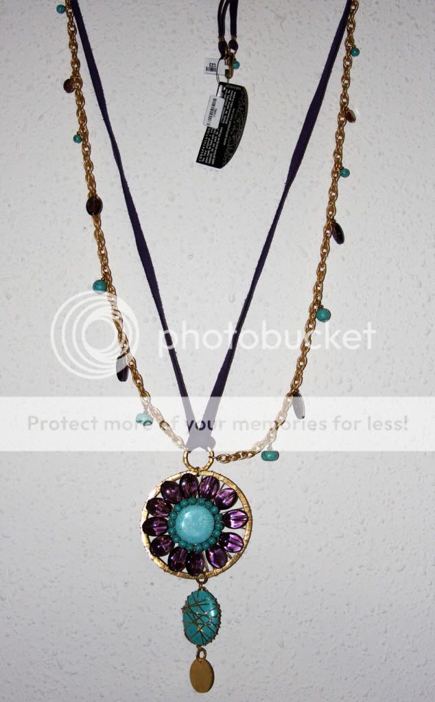   long necklace with leather trims, crystal & natural turquoise